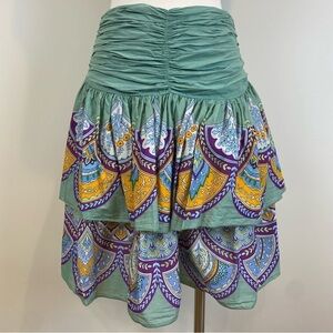 Anthropologie LetMeBe Tiered Bohemian Mini Skirt Sz S Lined Ruched Waist Fairy